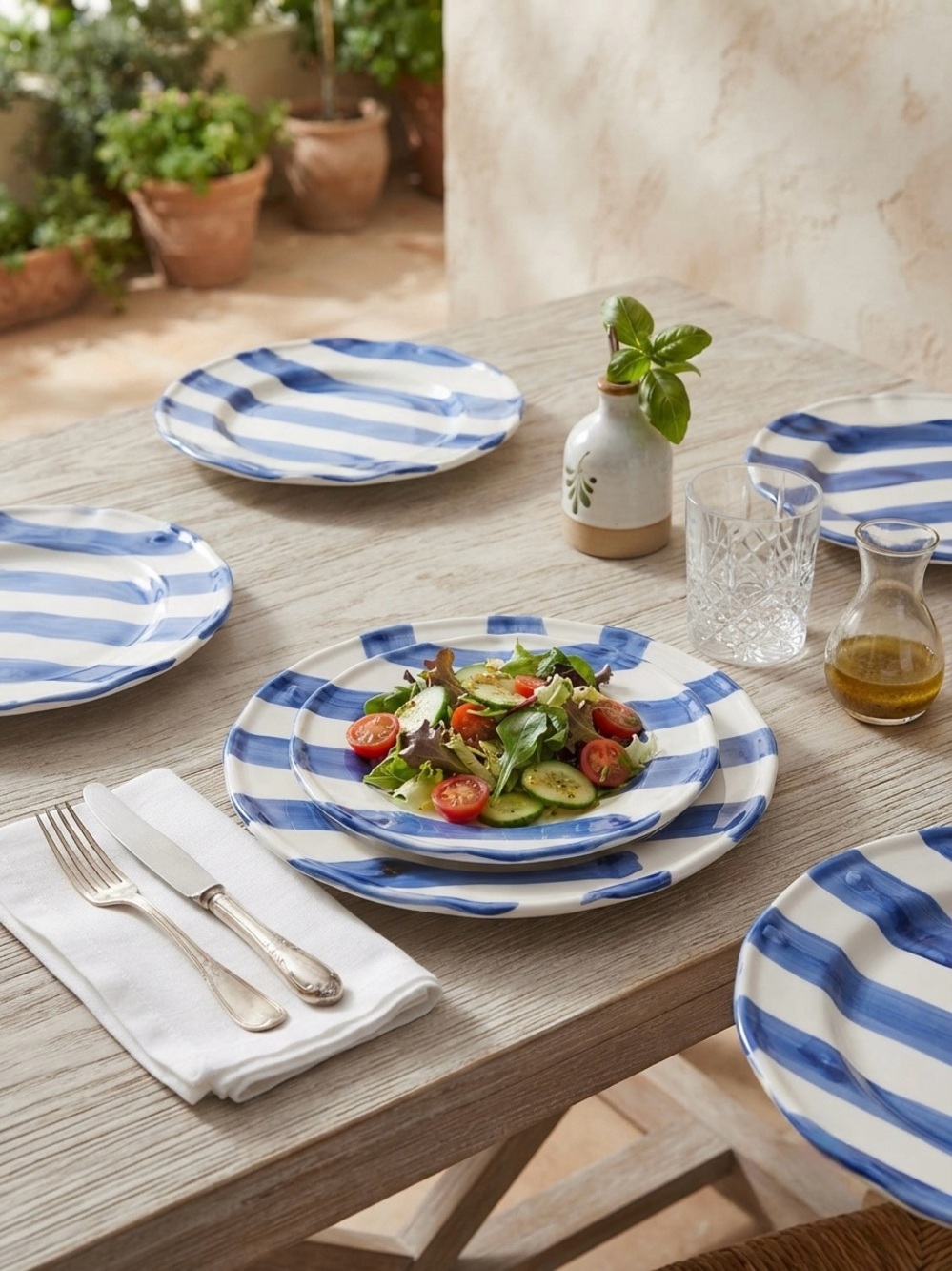 Hand-Painted Blue Stripe Ceramic Dinner Plate - Coastal Style